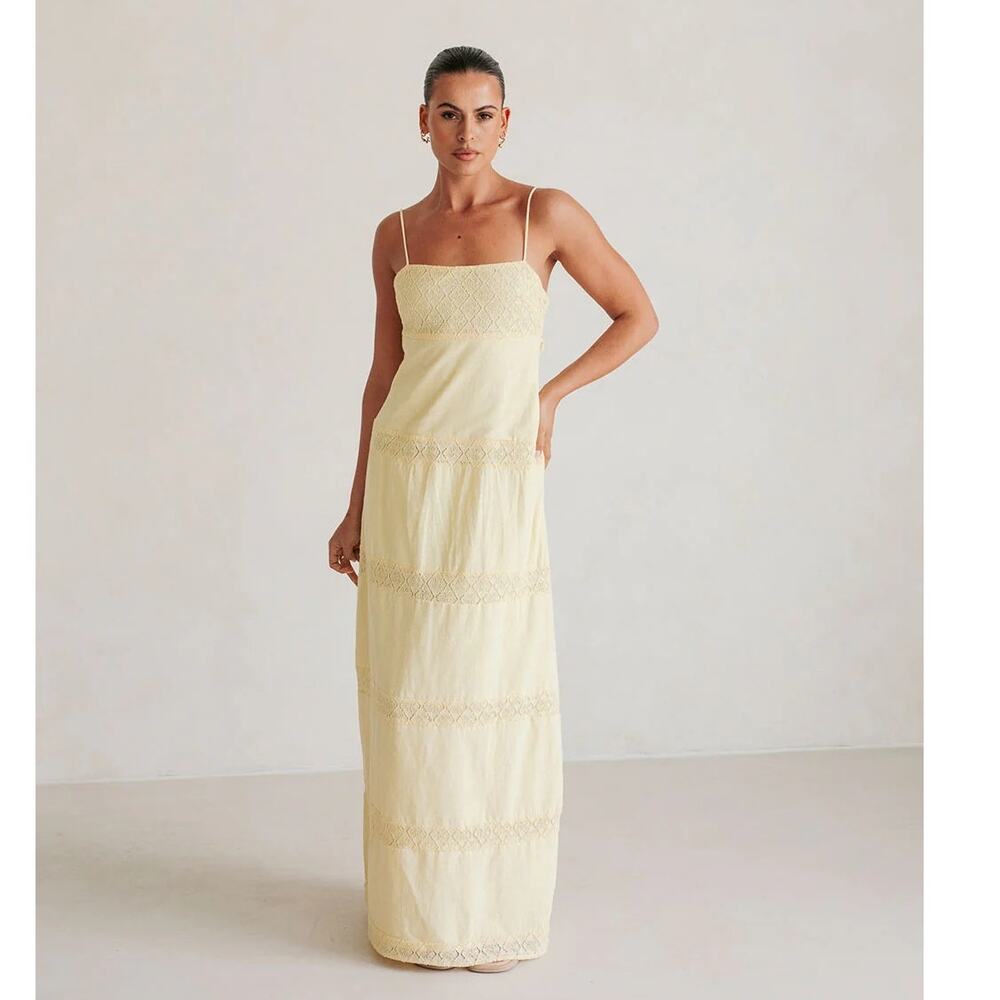 SABO Cotton/Lace Butter Yellow Vida Maxi Dress Low Back Coastal Clean Girl, 10